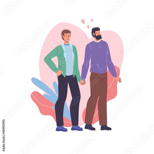Vector cartoon flat homosexual gay characters couple.Young men people in love on heart background-saint Valentine Day postcard,greeting card design,web online ad banner decor-emotions,social concept