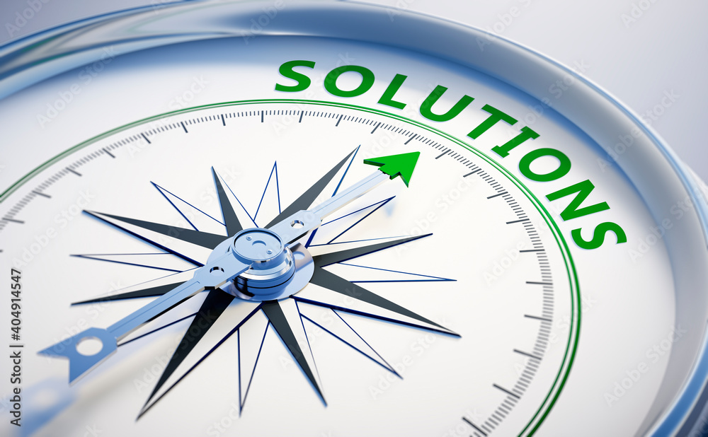 Silver and green compass with needle pointing to the word solution - 3D illustration
Silver and green compass with needle pointing to the word solution - 3D illustration