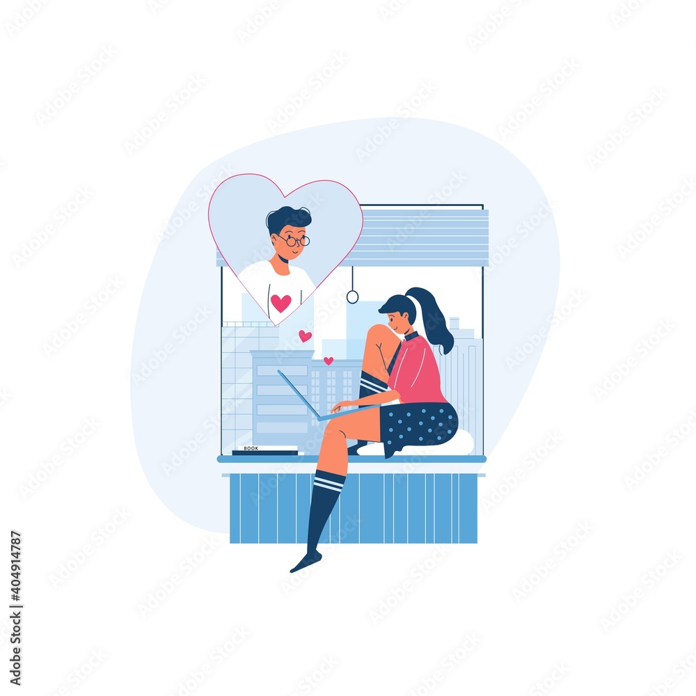 Vector cartoon flat lover characters couple.Young people in love chat,communicate online,think of each other-saint Valentine Day postcard,greeting card design,web online banner decor,social concept Vector cartoon flat lover characters couple.Young people in love chat,communicate online,think of each other-saint Valentine Day postcard,greeting card design,web online banner decor,social concept