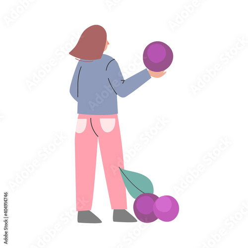 Woman Holding Freshly Picked Up Wine Grapes, View from Behind Cartoon Style Vector Illustration