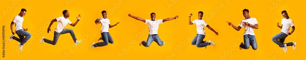 Funny African Guy Jumping Posing Having Fun, Yellow Background, Collage