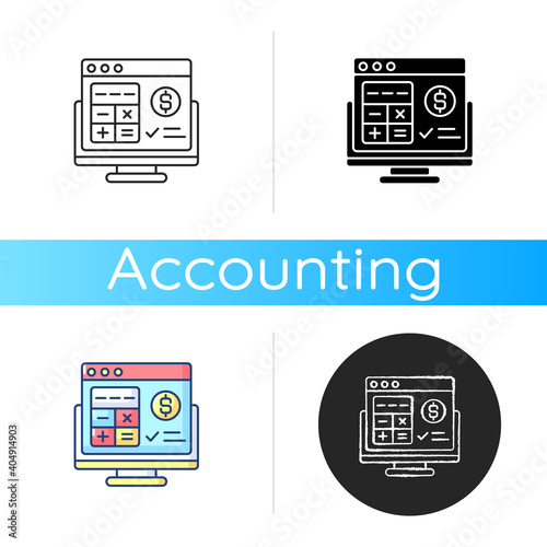 Accounting software icon. Application software that records and processes accounting transactions within functional modules. Linear black and RGB color styles. Isolated vector illustrations