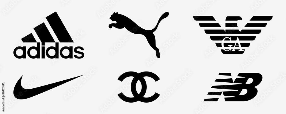 Adidas, Nike, Armani, Chanel, Puma, New Balance. Fashion company logo.  Vector illustration. Adidas, Nike and puma logo. Editorial set. Rivne,  Ukraine - January 12, 2021. vector de Stock | Adobe Stock