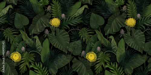 Tropical exotic seamless pattern with protea flowers in tropical leaves. Hand-drawn vintage 3D illustration. Good for design wallpapers, fabric printing, wrapping paper, cloth, notebook covers.