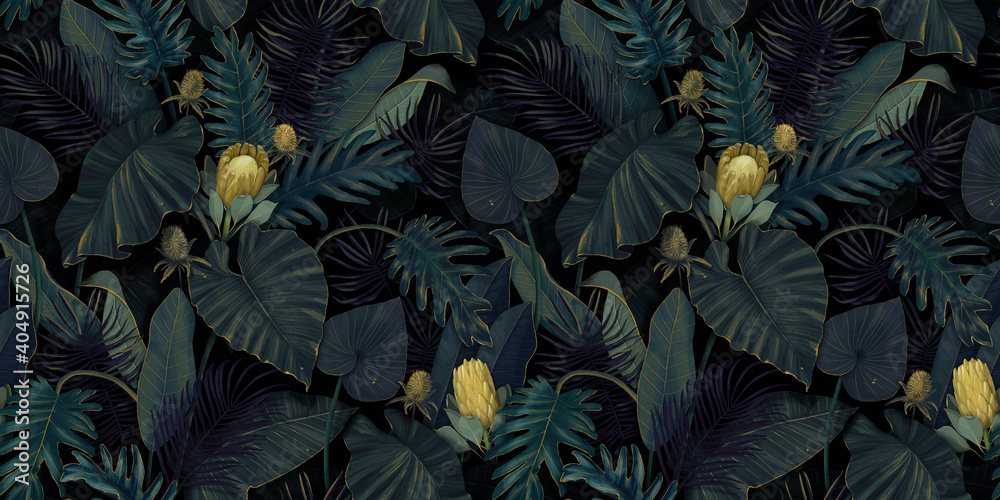 Deciduous pattern. Seamless tropical illustration. Protea flowers, palm leaves, monstera, colocasia, banana. - obrazy, fototapety, plakaty 