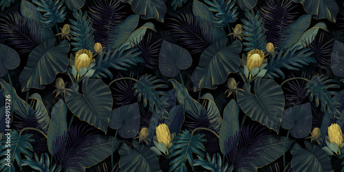 Deciduous pattern. Seamless tropical illustration. Protea flowers, palm leaves, monstera, colocasia, banana.