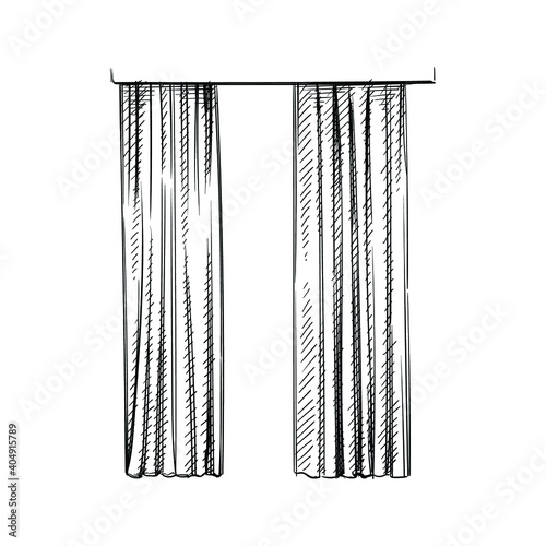 Hand drawn sketch of simple long curtains on a white background. Interior design elements. Interior furniture. Two curtains hanging