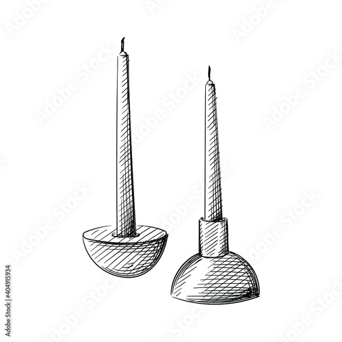 Hand drawn sketch of candles in candles in a candelabra on a white background. Interior design elements. Interior furniture. Candles in candlestick