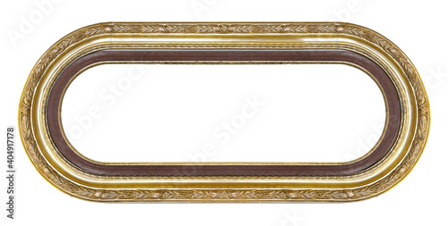 Panoramic golden oval frame for paintings, mirrors or photo isolated on white background