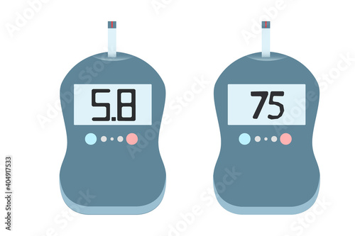 Set Electronic Glucometer with normal values. Diabetes blood glucose test. Diabetes control and diagnostics. Medical apparatus blood meter. Vector stock illustration on white background.	