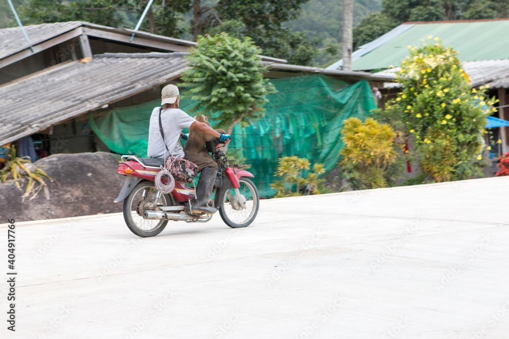 Mann fährt mit seinem Affen auf dem Motorad