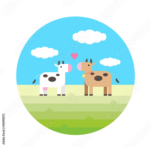 Cute happy cows in love on the meadow. Sweet farm domestic animals. Vector illustration. Flat design  web icon element.