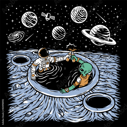 Astronaut and alien chilling illustration