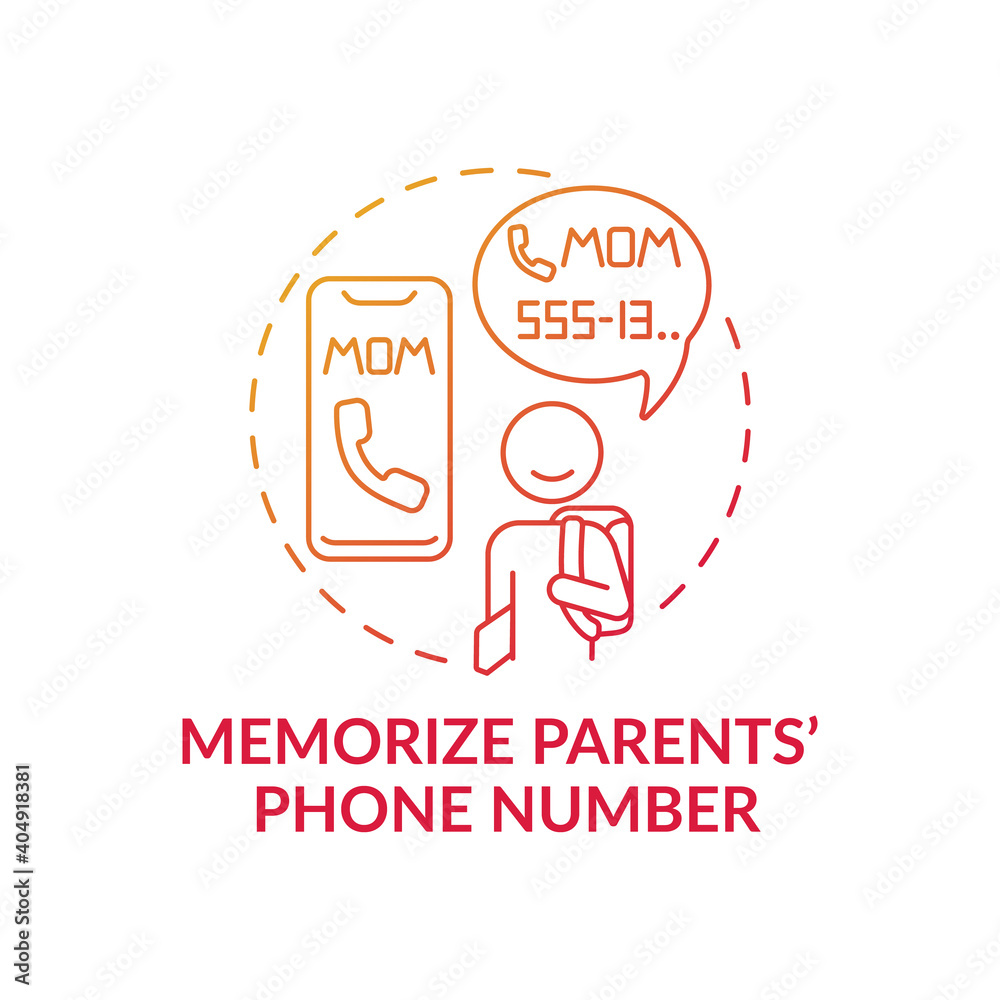 Memorize parents phone number red gradient concept icon. Teach kid how to call mom, remember information. Child safety idea thin line illustration. Vector isolated outline RGB color drawing