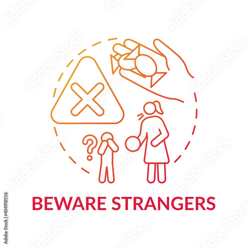 Beware strangers red gradient concept icon. Dangerous unknown person. Teach kid cautious behavior. Child safety idea thin line illustration. Vector isolated outline RGB color drawing