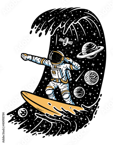 Surfing in space. Astronaut illustration