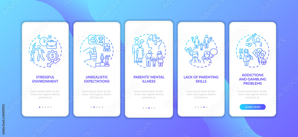 Emotional abuse from parents dark blue onboarding mobile app page screen with concepts. Child safety walkthrough 5 steps graphic instructions. UI vector template with RGB color illustrations Emotional abuse from parents dark blue onboarding mobile app page screen with concepts. Child safety walkthrough 5 steps graphic instructions. UI vector template with RGB color illustrations