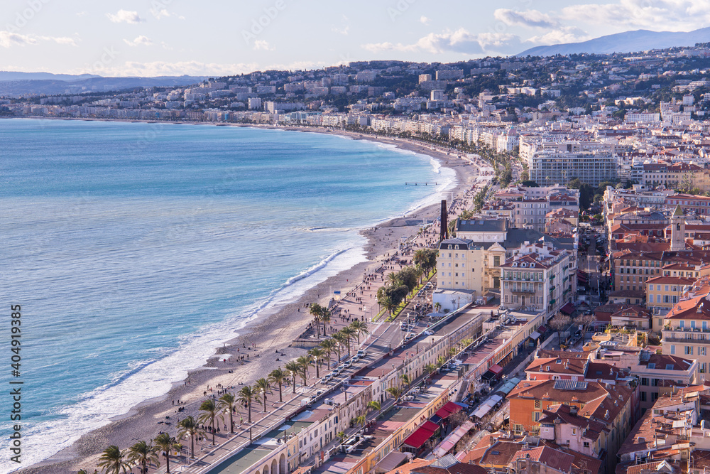 Aerial shot of the promenade in Nice, France