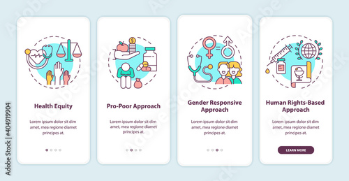 Health programs principles onboarding mobile app page screen with concepts. Health equities walkthrough 4 steps graphic instructions. UI vector template with RGB color illustrations