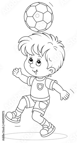 Little football player juggling a ball at a match or training on a sports field, black and white outline vector cartoon illustration for a coloring book page
