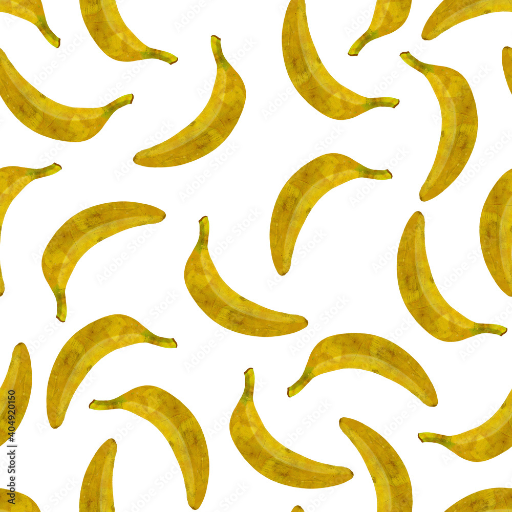 Banana seamless pattern. Yellow grunge bananas isolated on white.