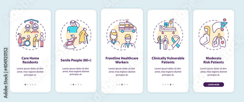 Covid vaccination priority list onboarding mobile app page screen with concepts. Care home residents walkthrough 5 steps graphic instructions. UI vector template with RGB color illustrations