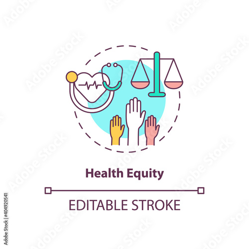 Health equity concept icon. Health programs principles. Getting proper medical help from proffesionals. Clinic idea thin line illustration. Vector isolated outline RGB color drawing. Editable stroke