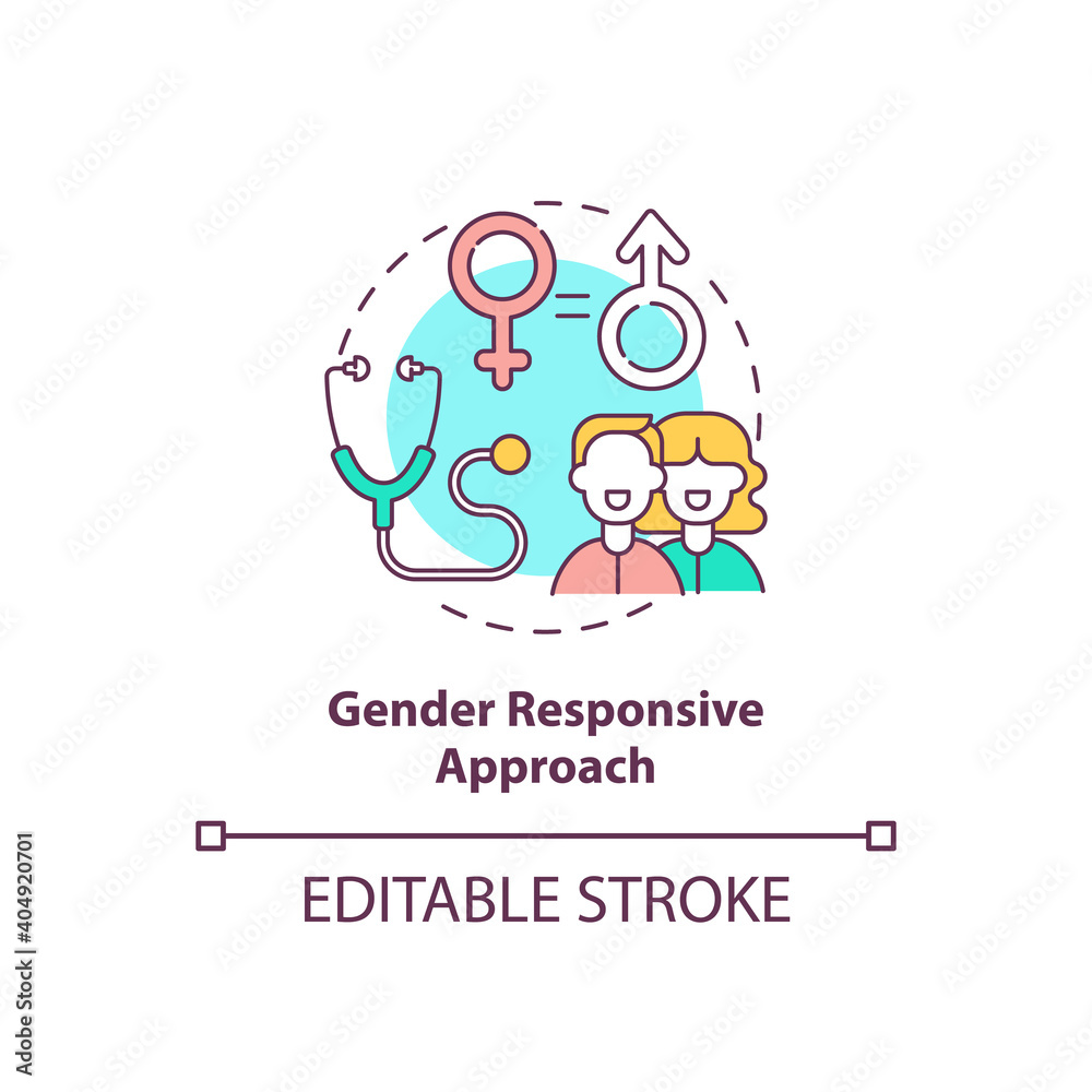 Gender responsive approach concept icon. Health programs principles. Factors at work in health system idea thin line illustration. Vector isolated outline RGB color drawing. Editable stroke
