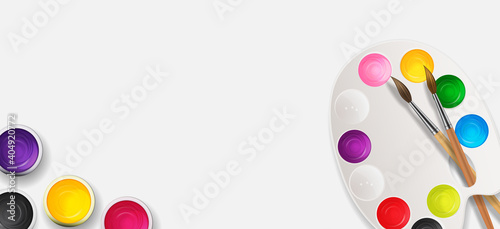 Realistic 3d background, tins with brush and Palette art background. Vector Illustration EPS10