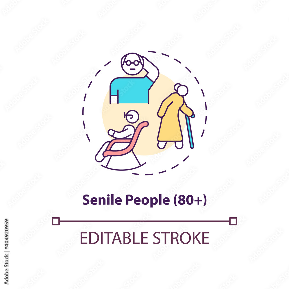 Senile people concept icon. Covid vaccination priority list. Medical help for old people. Clinic staff idea thin line illustration. Vector isolated outline RGB color drawing. Editable stroke Senile people concept icon. Covid vaccination priority list. Medical help for old people. Clinic staff idea thin line illustration. Vector isolated outline RGB color drawing. Editable stroke