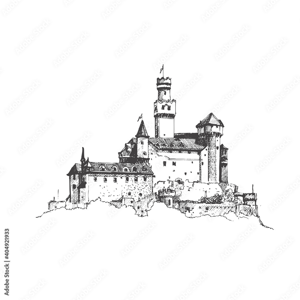 Medieval castle. Vector drawing, sketch