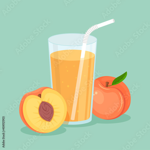 Natural peach juice in a glass. Fresh squeezed fruit juice with cut slice and drinking straw. Healthy organic food. Vector illustration in flat trendy style isolated.