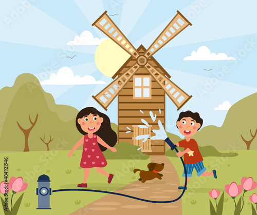 Two cute little children dousing each other with water from a hose in the garden in front of a Dutch windmill, colored cartoon vector illustration