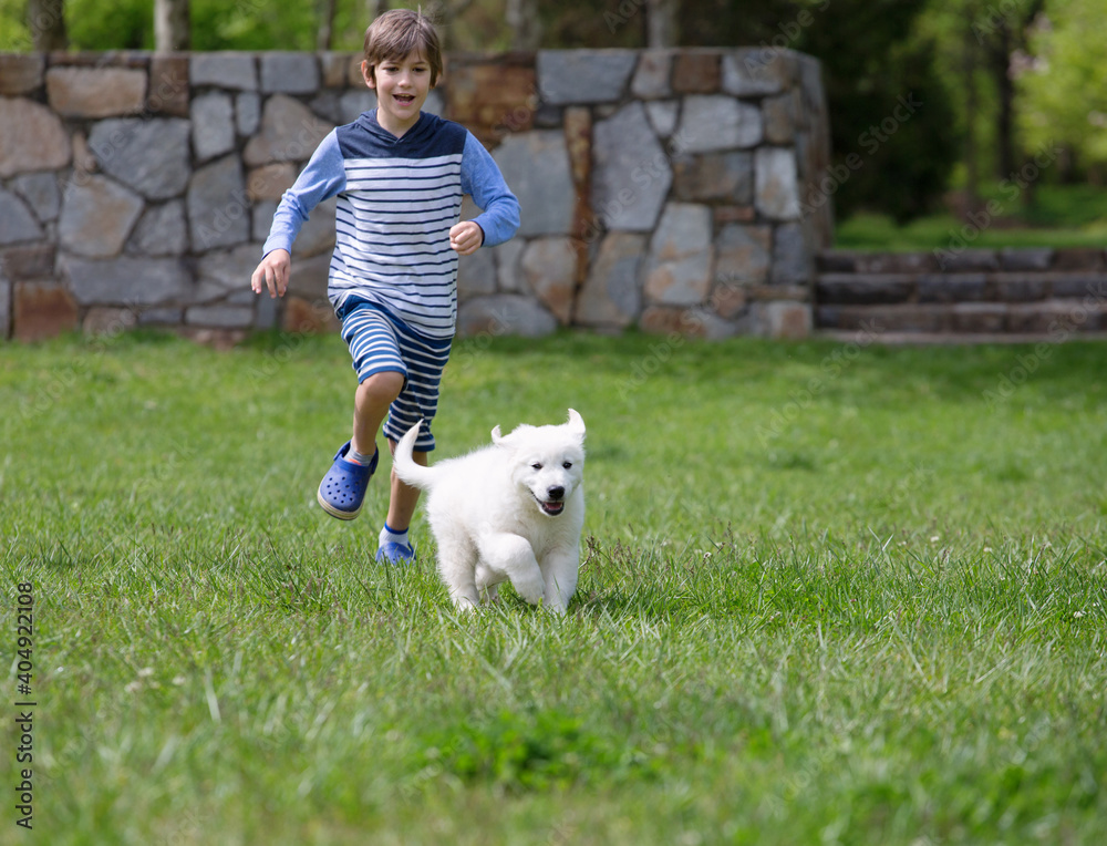 Boy Running and Playing with Dog Boy Running and Playing with Dog