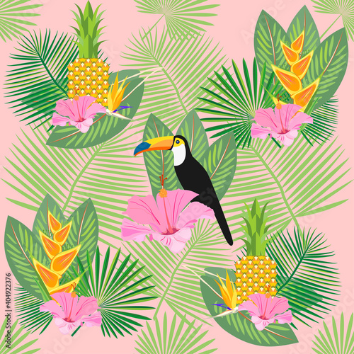 Exotic, tropical seamless pattern with palm branches, pineapples, toucans, flowers. Vector.  © yulyyulia