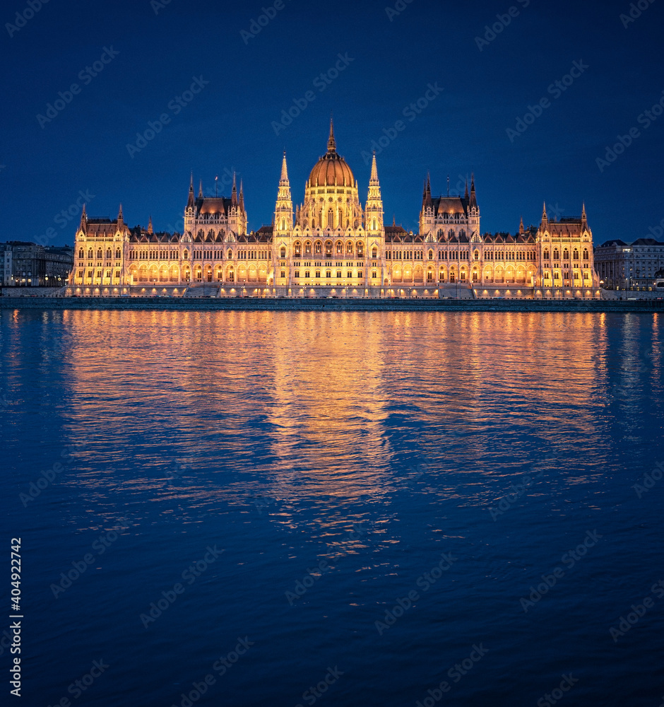 The famous Hungarian Parliament at night.