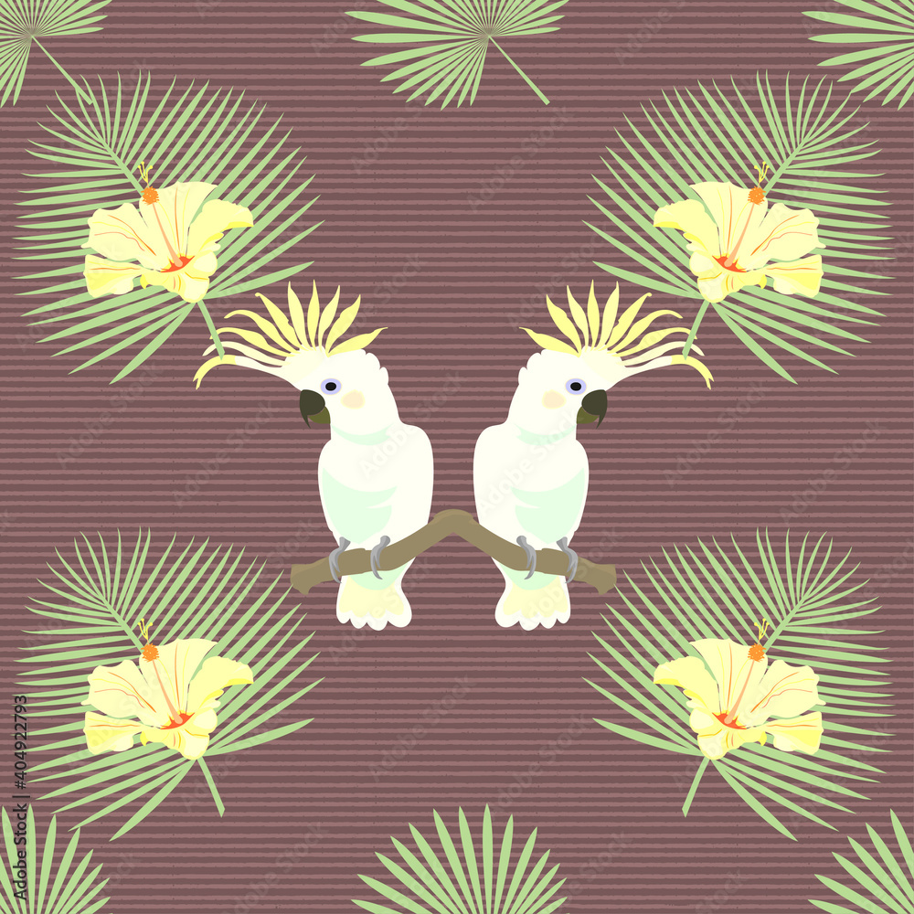 Obraz premium Tropical, exotic seamless pattern with white parrot, palm leaves, flowers. Vector.