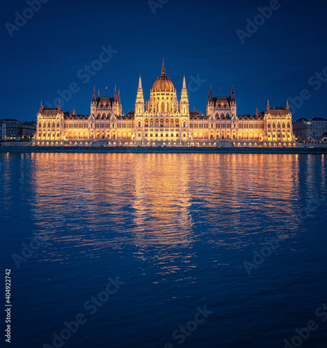 The famous Hungarian Parliament at night.