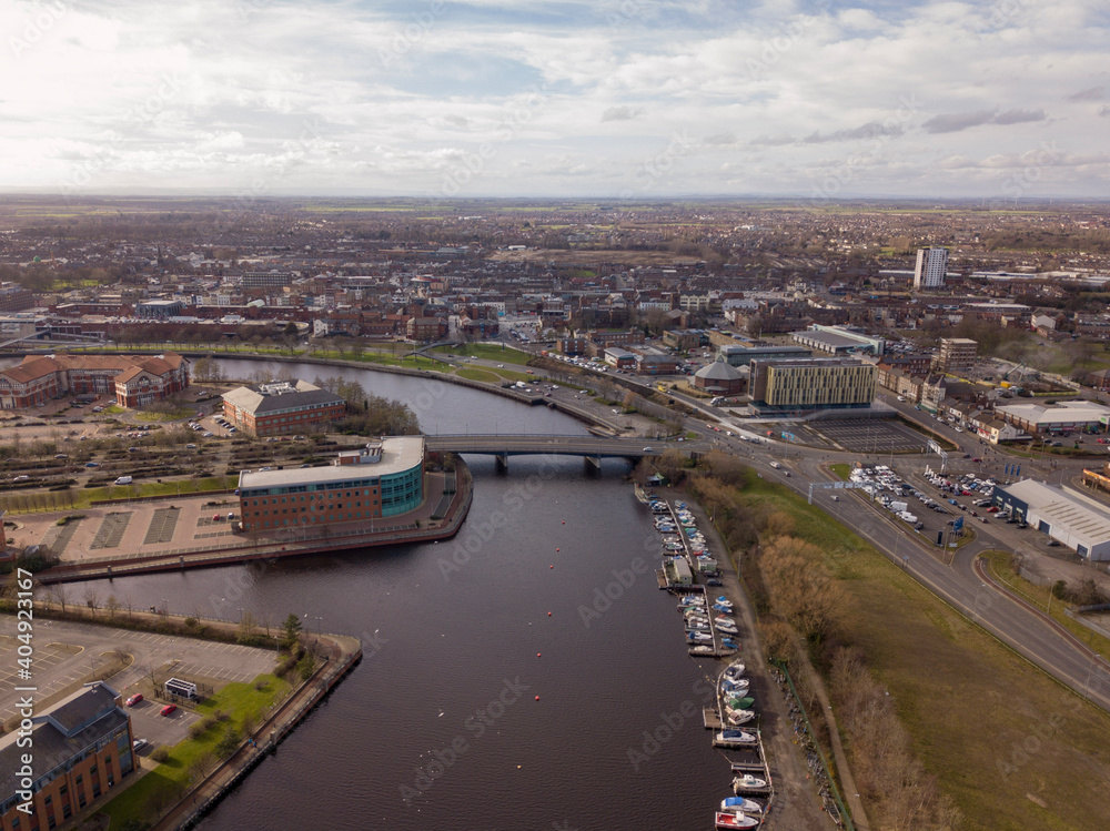 The river tees at Stockton on tees showing the river and urban landscape