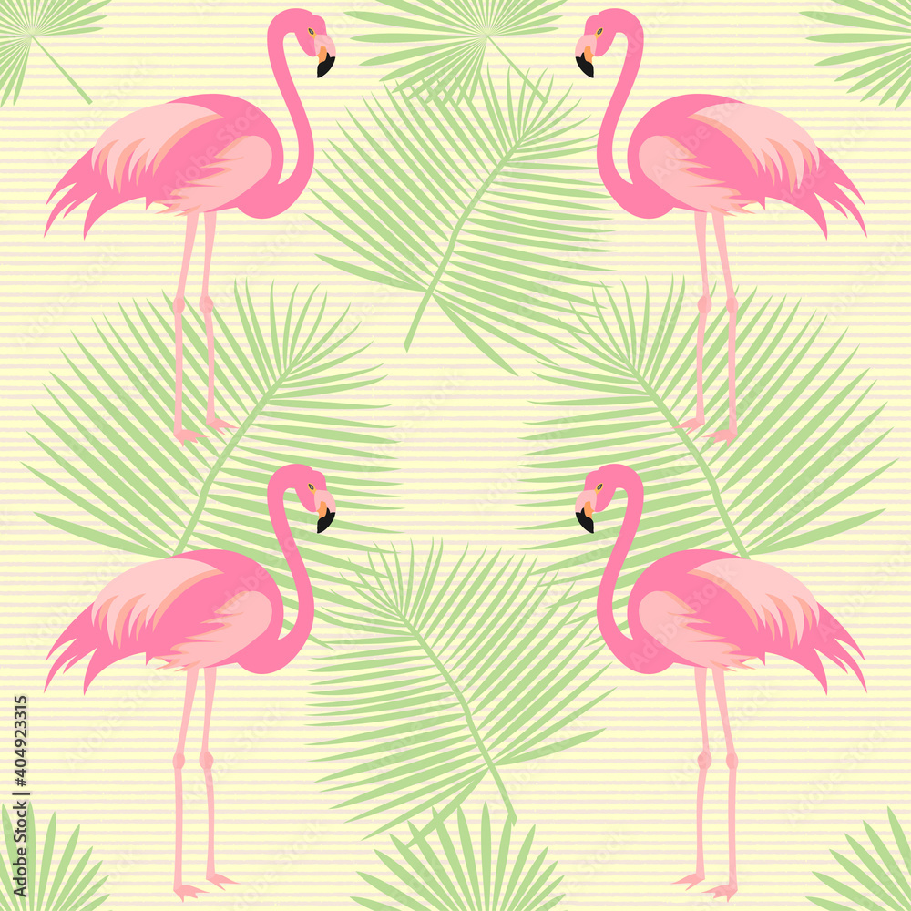 Fototapeta premium Exotic, tropical seamless pattern with pink flamingos, hibiscus, palm leaves, pineapple. Vector.