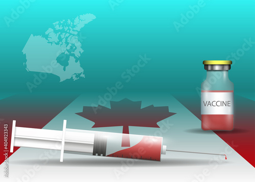 Conceptual banner, poster, advisory steps to follow during the outbreak of Covid-19, coronavirus syringe and vaccine on Canada flag and coutry map background