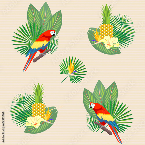 Tropical  exotic  Hawaiian floral seamless pattern with Ara Macao Parrot and with palm leaves  flowers . Vector.