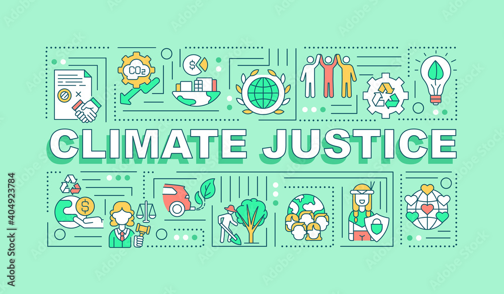 Climate justice word concepts banner. Infographics with linear icons on green background. Environmental protection Isolated typography. Climate change. Vector outline RGB color illustration