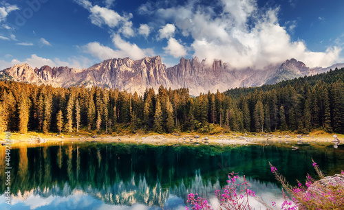 Lago di Carezza (Karersee), a Beautiful Lake in the Dolomites alps, Italy. Amazing nature landscape