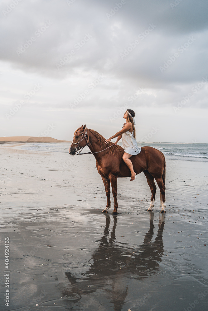 Woman with horse beach, smiling - Jericoacoara - Ceará - Jeri Woman with horse beach, smiling - Jericoacoara - Ceará - Jeri