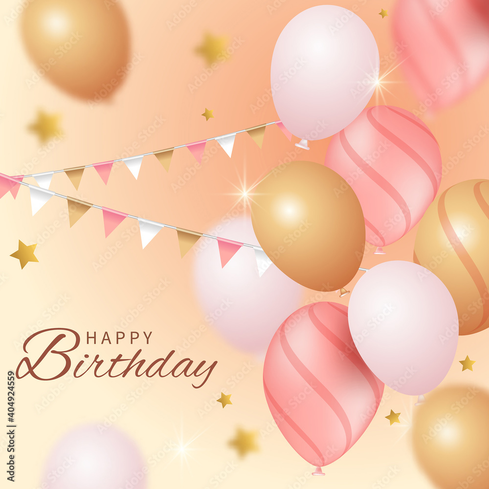 Realistic balloons, pink gold and white, delicate birthday card