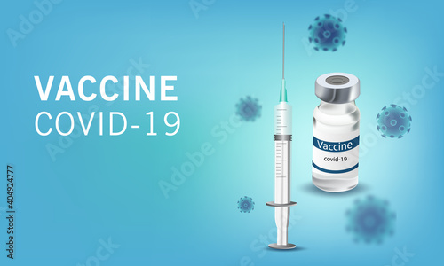 Realistic vector illustration for covid-19 vaccine, universal flu vaccine. Vaccine and syringe