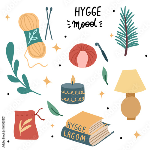 Set of hygge mood in scandinavian style.Knitting,book,relax. Vector hand drawn illustration.