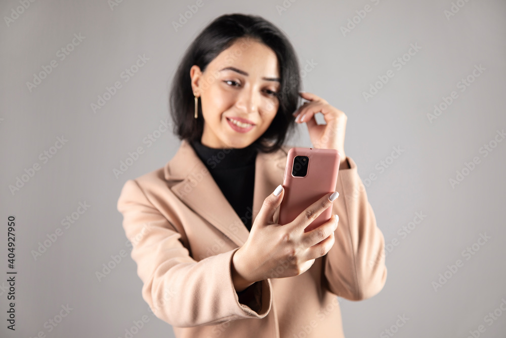 young happy woman talking selfie young happy woman talking selfie