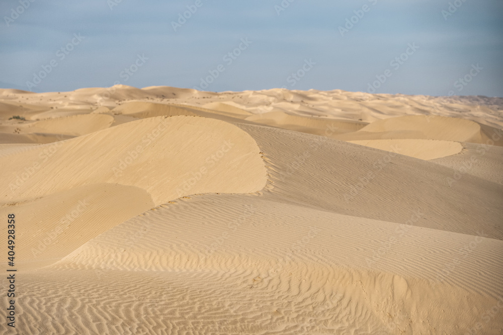A high quality horizontal background of a desert with sand dunes and a blue sky. 
